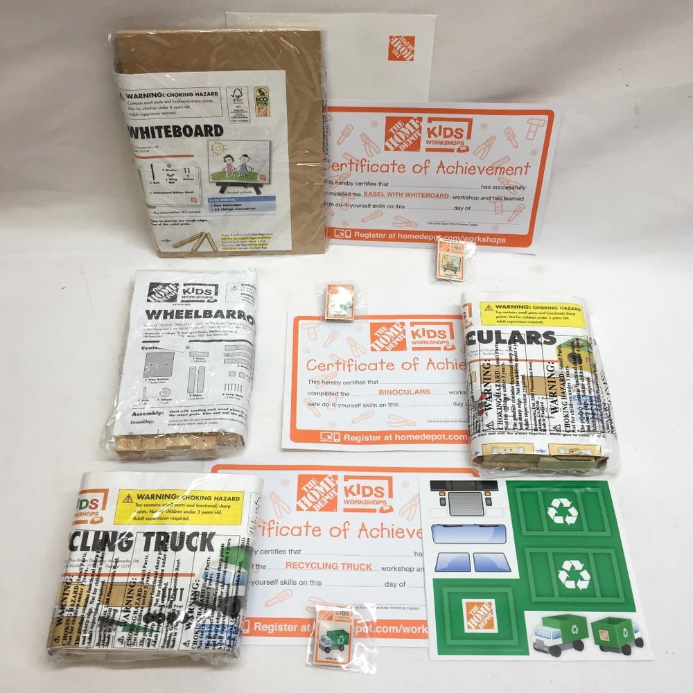 4 Home Depot Kids Workshop Wood Recycling Truck, Wheelbarrow, Binoculars & Easel